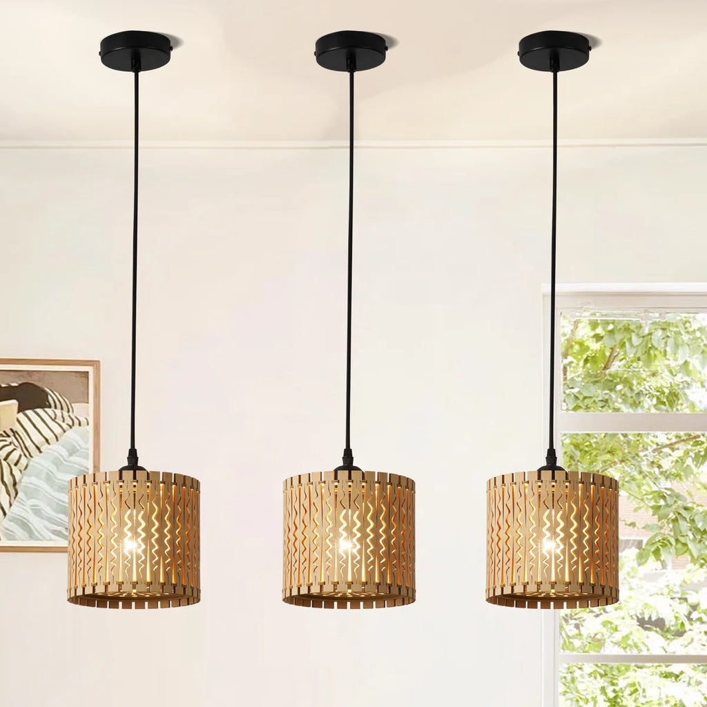 Siittoo Farmhouse Boho Wooden Pendant Light (Set of 3)