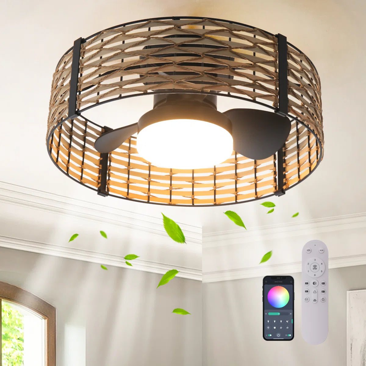 Siittoo 20" Bamboo Rattan Farmhouse Caged LED Dimmable RGB Ceiling Fan With Light And Remote Control
