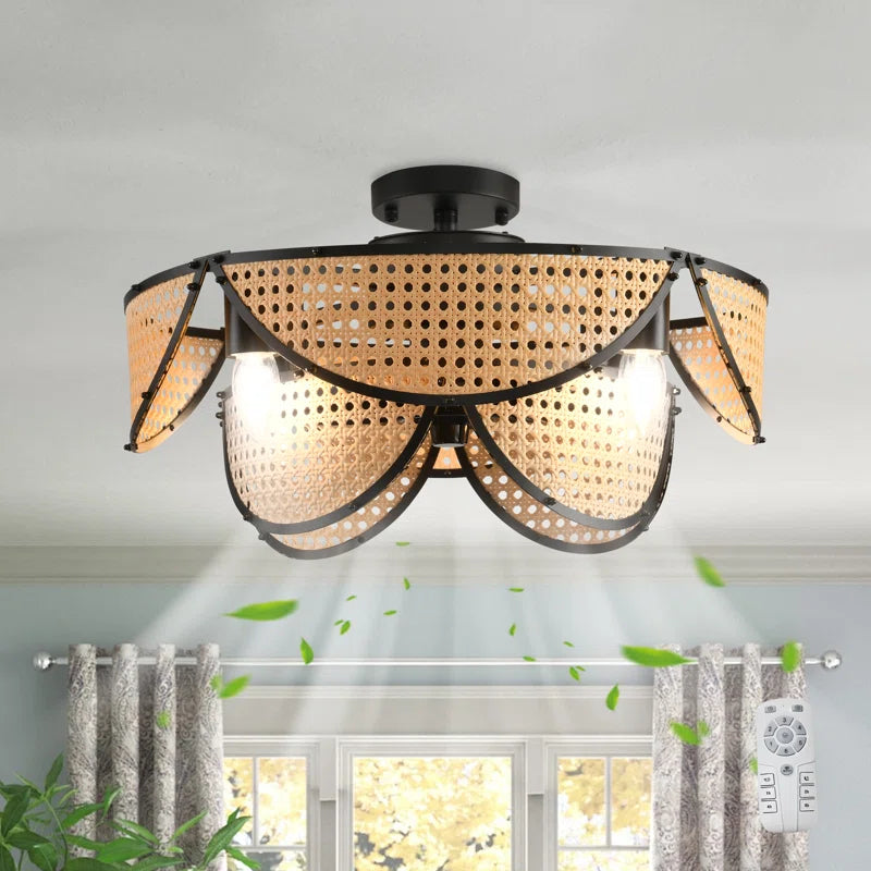 Siittoo 20.08" Boho Rattan Farmhouse Caged Ceiling Fan with Light Kit and Remote