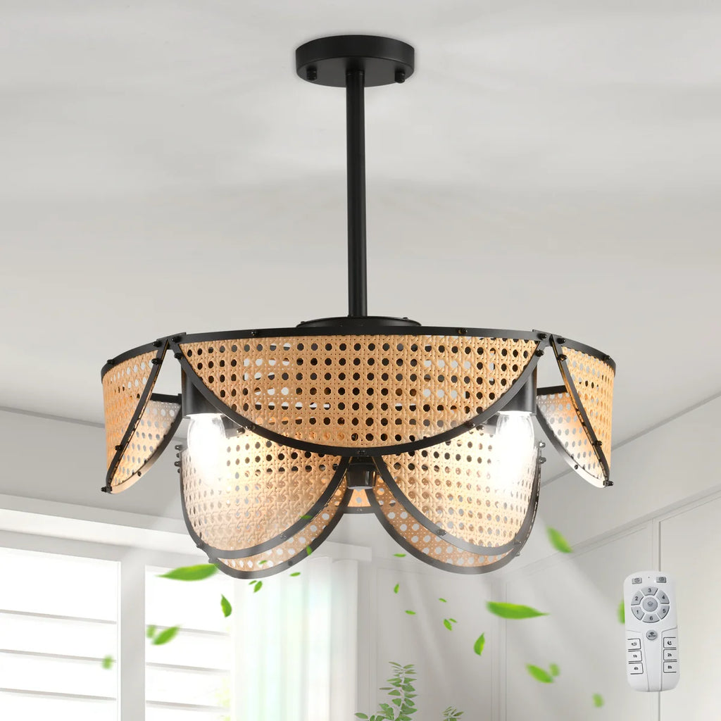 Siittoo 20.08" Boho Rattan Farmhouse Caged Ceiling Fan with Light Kit and Remote
