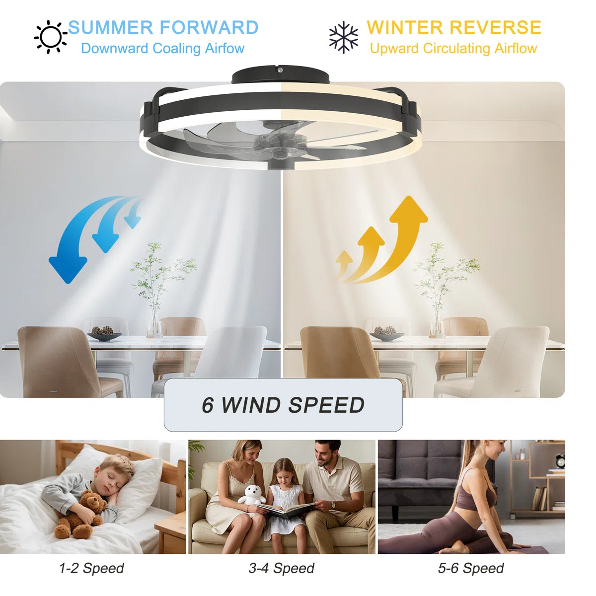 Siittoo 20" 6-Speed LED Dimmable Reversible Modern Caged Ceiling Fan With Light And Remote Control