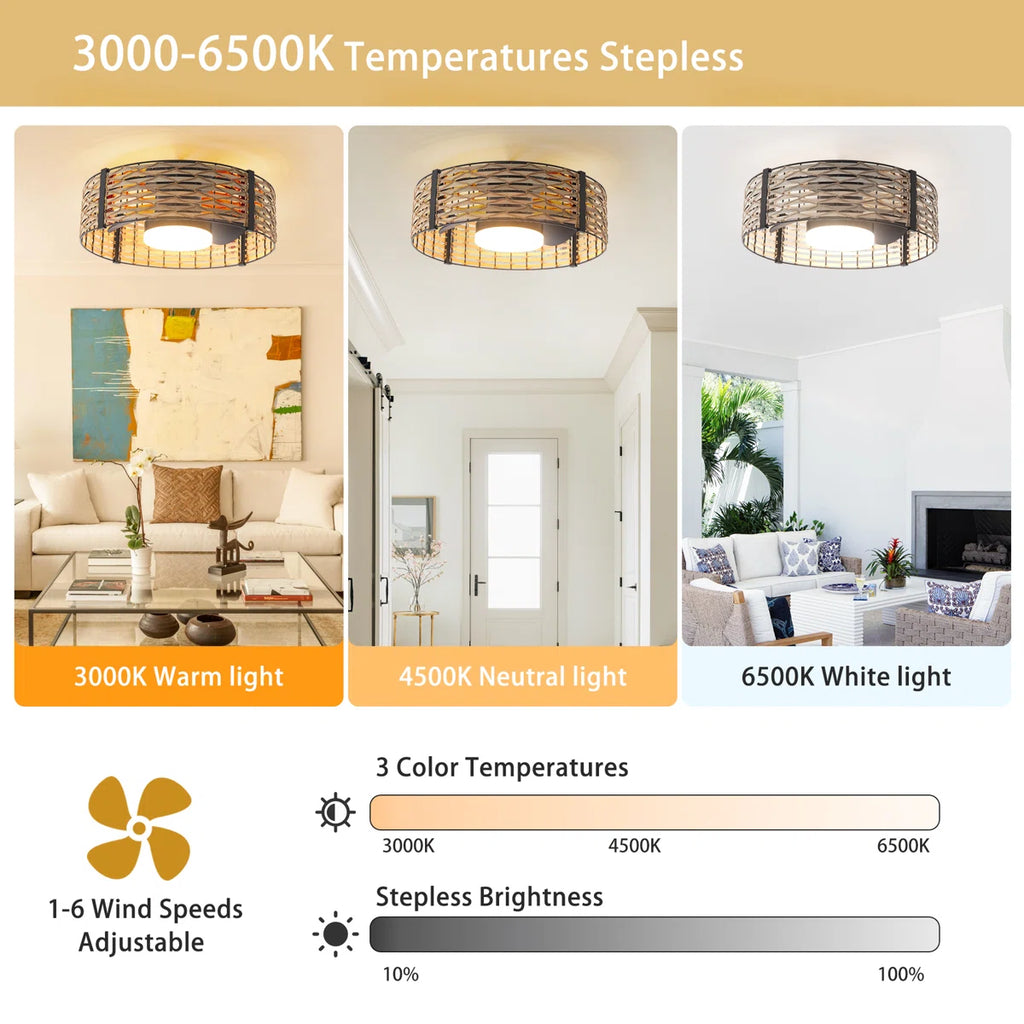 Siittoo 20" Bamboo Rattan Farmhouse Caged LED Dimmable RGB Ceiling Fan With Light And Remote Control