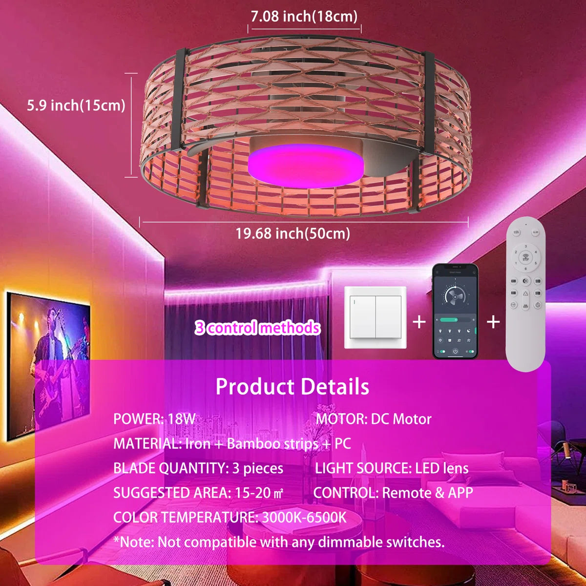 Siittoo 20" Bamboo Rattan Farmhouse Caged LED Dimmable RGB Ceiling Fan With Light And Remote Control