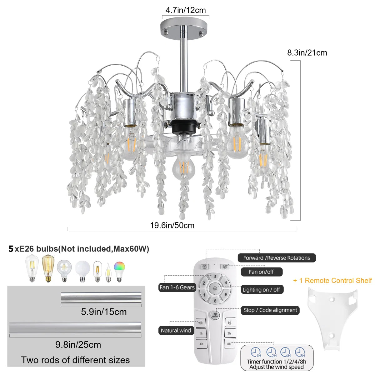 Siittoo 19.69" 7 - Blade Crystal Chandelier Ceiling Fan with Light Kit and Remote Control and APP