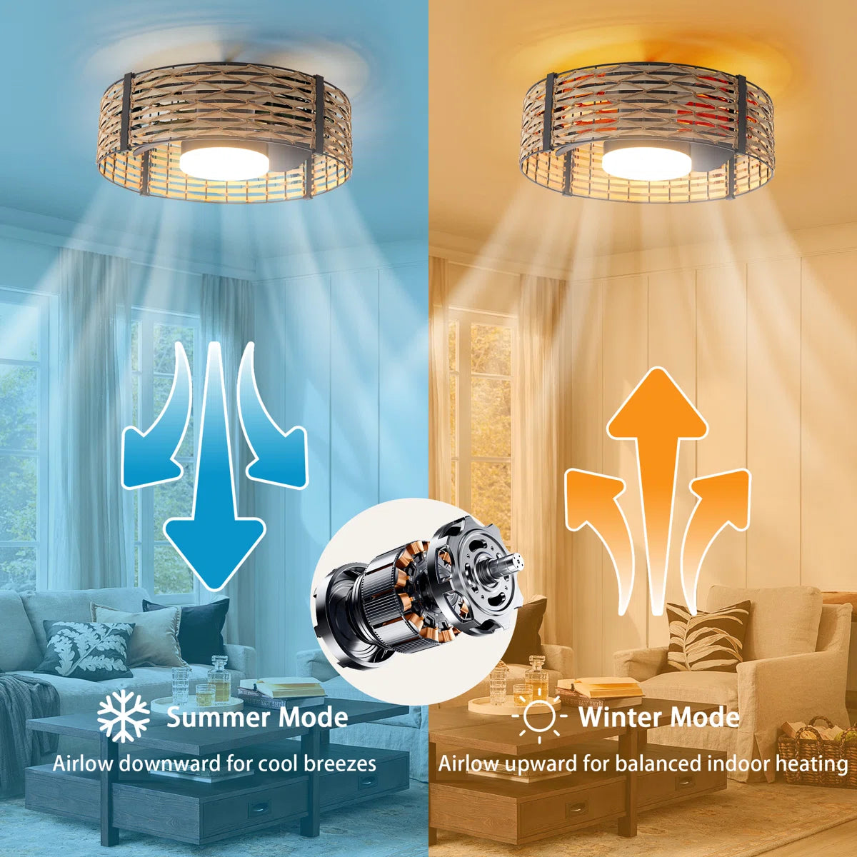 Siittoo 20" Bamboo Rattan Farmhouse Caged LED Dimmable RGB Ceiling Fan With Light And Remote Control