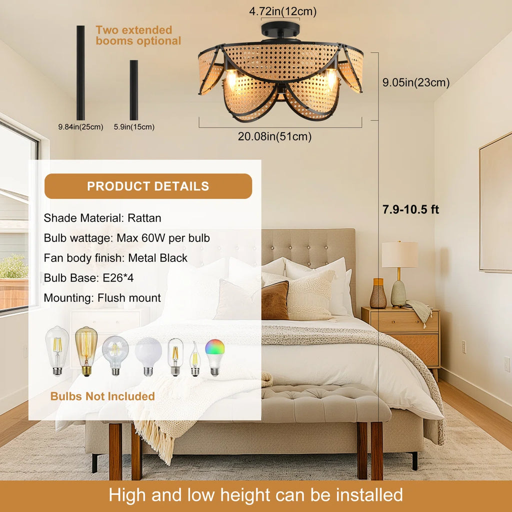 Siittoo 20.08" Boho Rattan Farmhouse Caged Ceiling Fan with Light Kit and Remote