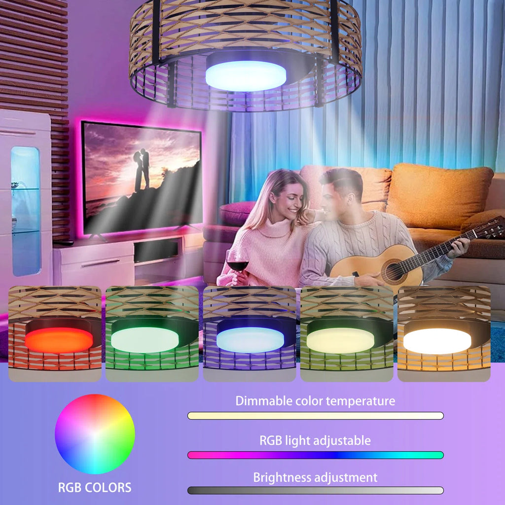 Siittoo 20" Bamboo Rattan Farmhouse Caged LED Dimmable RGB Ceiling Fan With Light And Remote Control