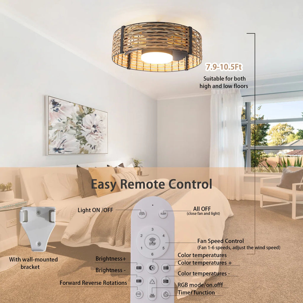 Siittoo 20" Bamboo Rattan Farmhouse Caged LED Dimmable RGB Ceiling Fan With Light And Remote Control