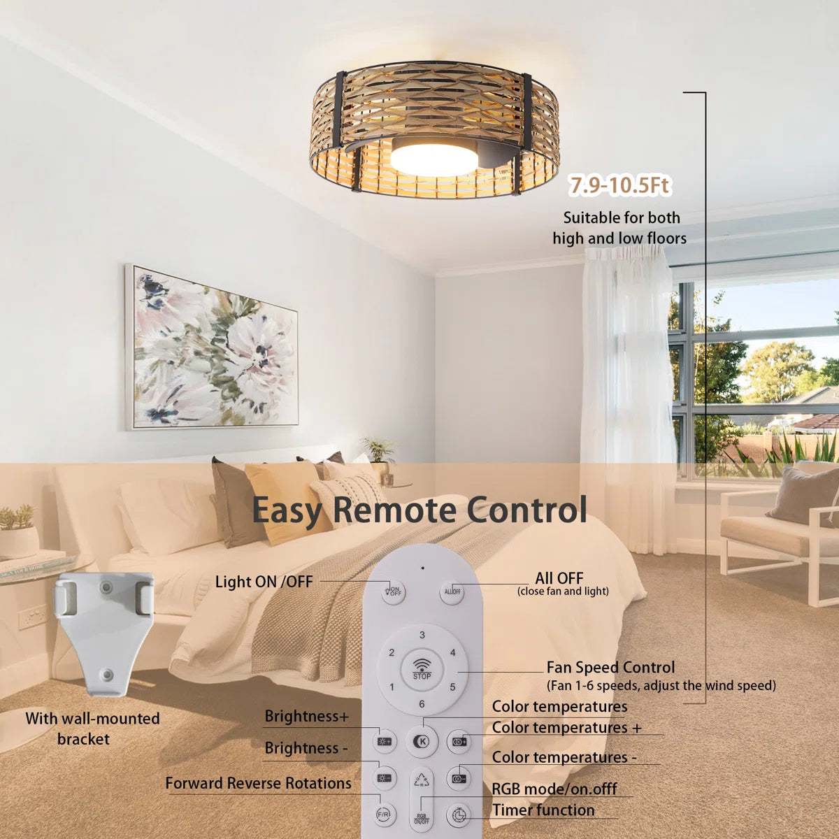 Siittoo 20" Bamboo Rattan Farmhouse Caged LED Dimmable RGB Ceiling Fan With Light And Remote Control