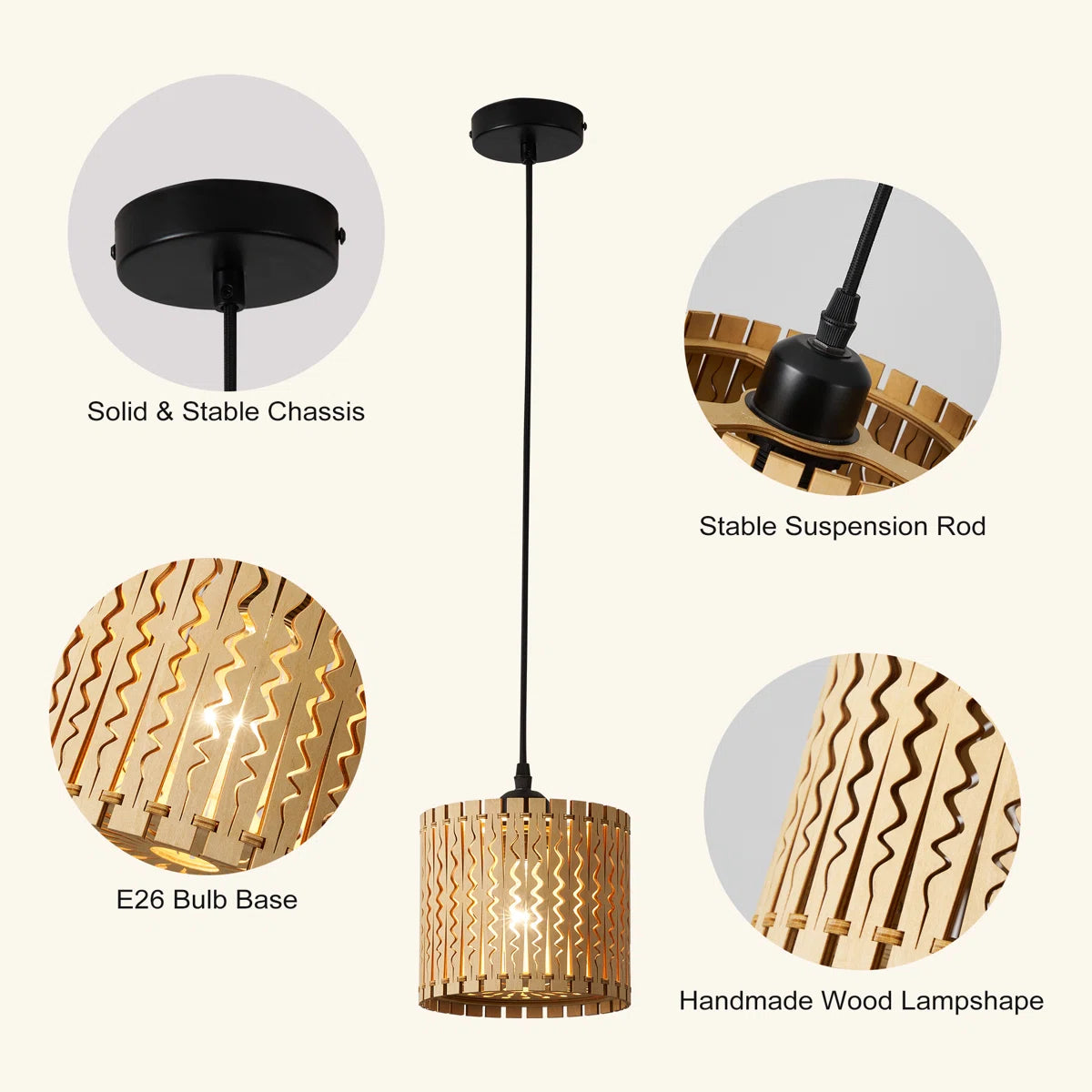 Siittoo Farmhouse Boho Wooden Pendant Light (Set of 3)