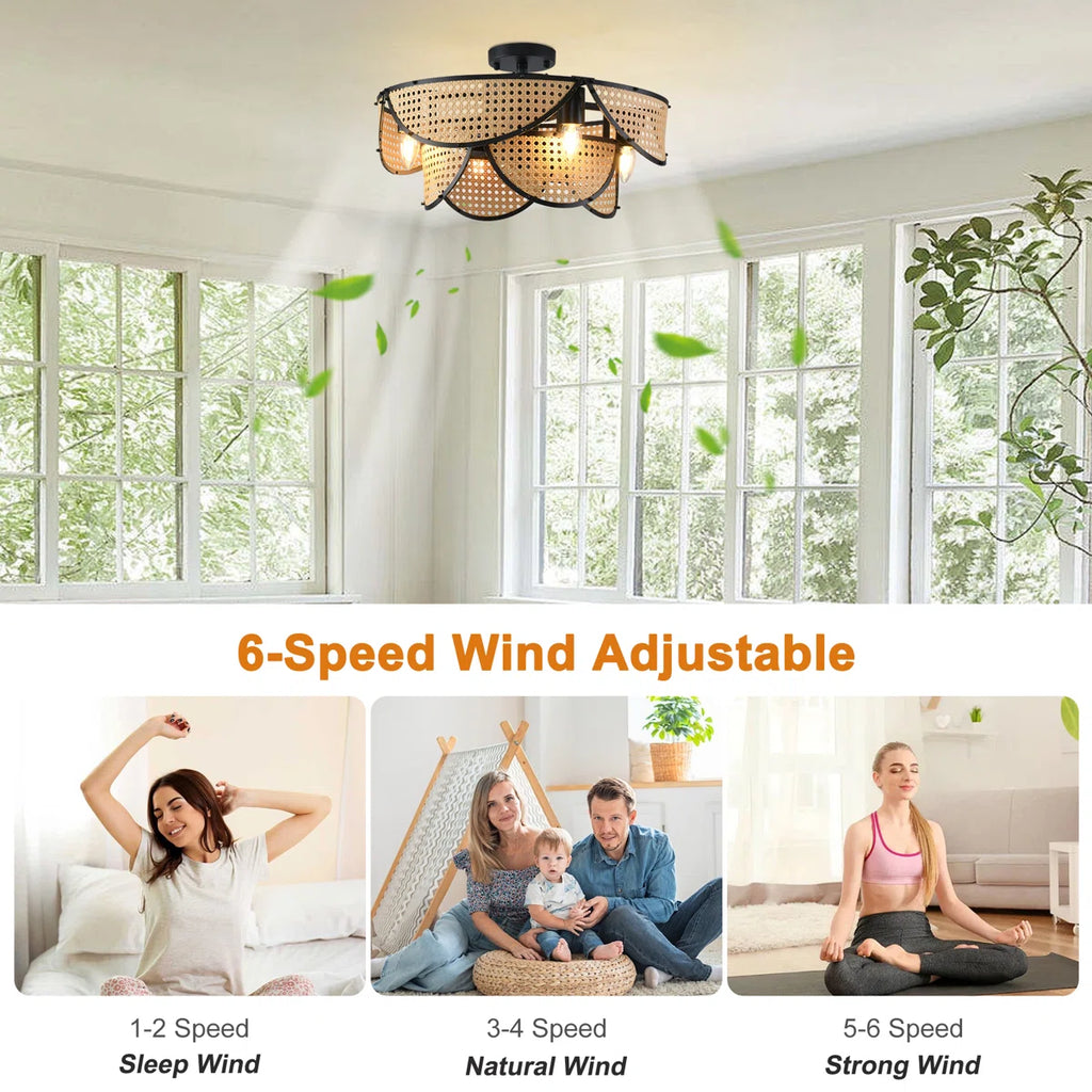 Siittoo 20.08" Boho Rattan Farmhouse Caged Ceiling Fan with Light Kit and Remote
