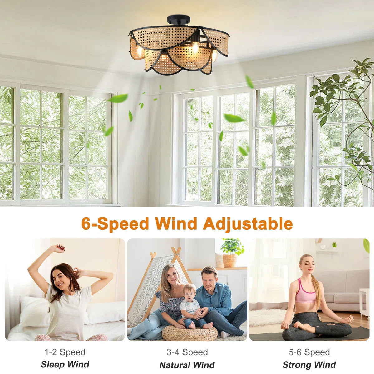 Siittoo 20.08" Boho Rattan Farmhouse Caged Ceiling Fan with Light Kit and Remote